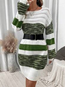SHEIN LUNE Women's Autumn/Winter Striped Round Neck Drop Shoulder Long Sleeve Hollow Out Casual Sweater Dress Fall Cloth For Women - Multicolor - View 7