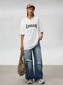 Coolane Women's Daily Wear Basic Going Out Leopard Loose T-Shirt - White - View 2