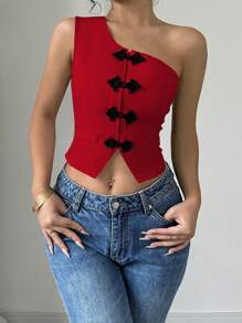 Gloray 1pc Asymmetric Hem Snap Button Front Sleeveless Top For New Year Clothes - Red - View 4