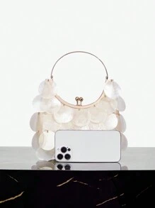 SHEIN SXY 女士手提包，时尚、优雅、简约、个性、百搭，贝壳配饰，金属手柄，适合海滩、度假、节日、夏季 - 米色 - 查看 6