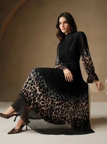 Anewsta Holiday Gradient Pleated Print Women Dress - Black - View 5