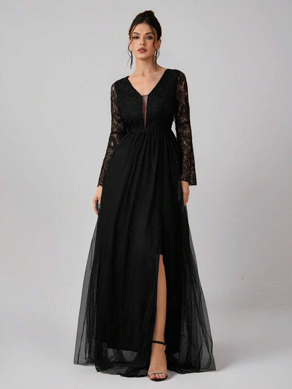 SHEIN Belle Robe de soirée élégante longue à manches longues pour femmes avec taille resserrée, en noir avec dentelle contrastante. Robe de soirée semi-formelle, pour anniversaire, invité de mariage, remise de diplôme, bal de promo
