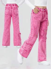 SHEIN Jeans déchirés à poches inclinées et jambes larges, mode extérieure pour préadolescentes