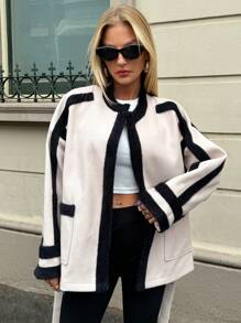 Forever 21 Neue Winterkontrastfarben-Jacke mit einseitigen langen Ärmeln, vielseitig und minimalistisch im Streetwear-Stil, warme Winterjacke für Frauen, Outfit für Silvester, Schnee, Neujahr und Weihnachten, weißer Mantel mit Fleece, elegantes Outfit