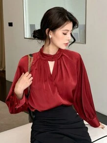 DAZY 女式套头衫优雅纯色衬衫，简约休闲日常穿着，秋季服装 - 酒紅色 - 查看 6