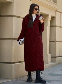 EURMUSE Women's Simple Padded Jacket Long Overcoat With Hoody, Hat - Burgundy - View 4