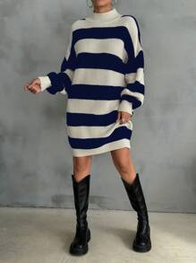 EURMUSE Women Drop Shoulder Sweater Dress With Striped Pattern - Royal Blue - View 3