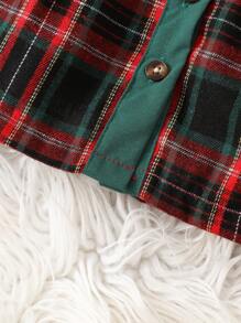 SHEIN Elladie kids 圣诞女婴拼色格子图案荷叶边下摆蝴蝶结装饰连衣裙套装（带帽子） - 彩色 - 查看 8