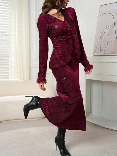 Modelyn Women Front Button Long Sleeve Casual Blouse And Skirt 2pcs Set 2 Pieces Set