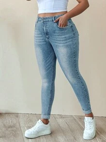 SHEIN Cottnline WOMEN PLUS SIZE SKINNY HIGH WAIST JEANS - Light Wash - View 4