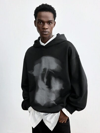 Maija Men's 2025 Spring/Summer New Loose Fit Pullover Sweatshirt, Casual Street Graphic Print, Fashion For Daily, Commute, Valentine's Day Date, Versatile Black