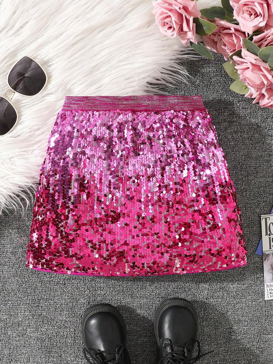SHEIN Falda midi elegante con degradado de lentejuelas para niña, apta para ocasiones de fiesta - Rosa - Ver 1