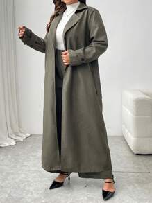 Mulvari Plus Size Solid Color Long Sleeve Basic Coat And Pants 2 Pieces Casual Set - Army Green - View 3