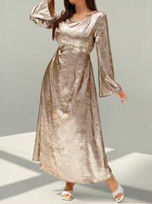 Celure Plus Size Women's Round Neck Flare Sleeve Loose Metallic Fabric Elegant Dress For New Year Holiday Party Clothes Maxi Women Outfit