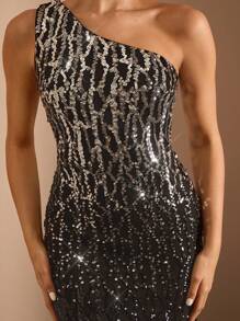 Glamine 女士优雅渐变色亮片开衩下摆长款连衣裙 - 黑色 - 查看 6