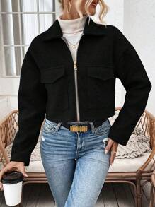 Women's Black Drop Shoulder Long Sleeve Short Overcoat, Autumn/Winter