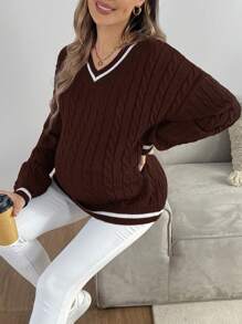 SHEIN Maternity Solid Color Patchwork V-Neck Casual Sweater