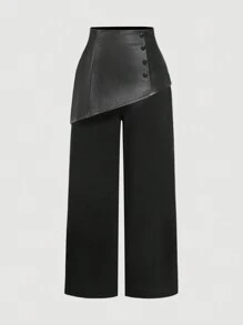 SHEIN MOD Quần ống đứng thời trang cổ điển thanh lịch màu đen cỡ lớn bằng vải PU chắp vá 2 trong 1 - màu đen - Xem 1