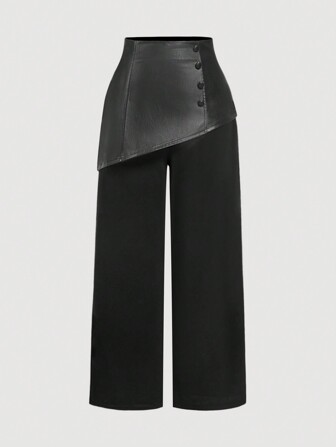 SHEIN MOD Pantalon grande taille noir vintage élégant en patchwork de PU 2 en 1, pantalon droit élégant