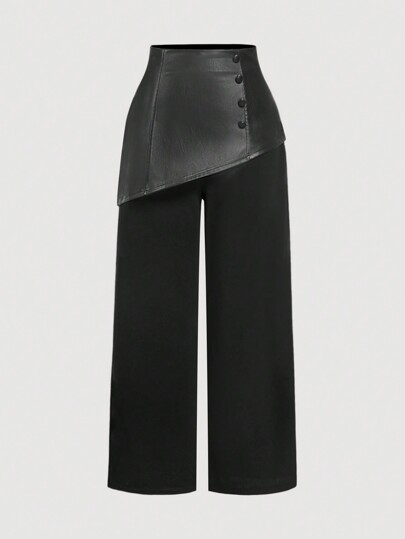 SHEIN MOD Plus Size Black Vintage Elegant PU Patchwork 2 In 1, Stylish Straight Leg Pants