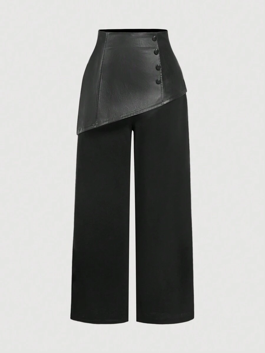 SHEIN MOD Quần ống đứng thời trang cổ điển thanh lịch màu đen cỡ lớn bằng vải PU chắp vá 2 trong 1 - màu đen - Xem 1