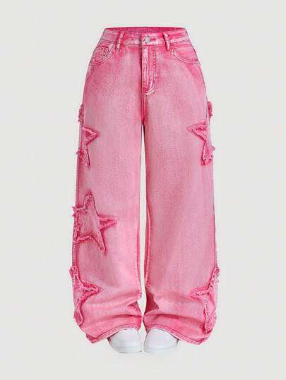 SHEIN MOD MOD 女士甜美版直筒牛仔裤，粉色，情人节服装，情人节裤子，情人节宽松牛仔裤