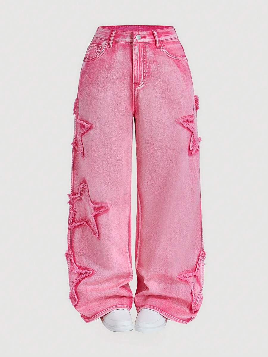 SHEIN MOD MOD 女士甜美版直筒牛仔裤，粉色，情人节服装，情人节裤子，情人节宽松牛仔裤 - 粉色 - 查看 1