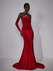 Elitara Gaun Elegan Lengan Panjang Tanpa Bahu, Gaun Malam Ekor Ikan Asimetris Rantai Rhinestone Mewah untuk Prom, Tamu Pernikahan & Jamuan Formal - Merah - View 6