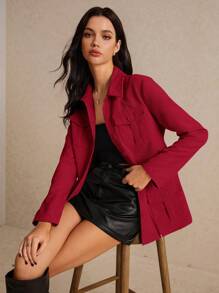 Poéselle Women's Casual Solid Color Drawstring Waist Jacket, Autumn