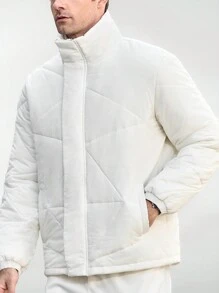 Manfinity VCAY Men's Loose Fit Stand Collar Long Sleeve Open Front Padded Coat, Fall/Winter - White - View 3