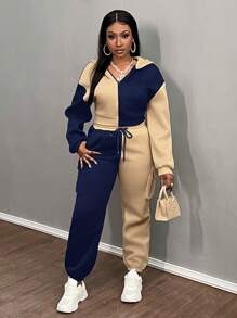 Slaydiva Women's Autumn Contrast Color Zipper Front Hooded Sweatshirt And Pants Casual 2 Pieces Set
