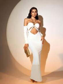SHEIN SXY Sexy Party Club Chain Decor Hollow Shoulder Off Shoulder White Mini Dress