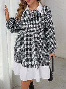 SHEIN LUNE Robe décontracté à manches longues pour femmes grandes tailles, à col contrastant en pied-de-poule. Robes pour l'automne, la Saint-Valentin, les fêtes, le quotidien, les vacances et les sorties en boîte - Multicolore - Voir 4