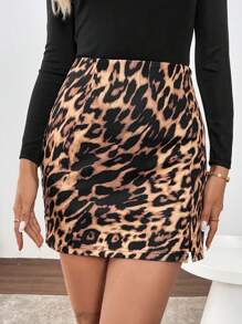 SHEIN LUNE 复古豹纹开衩 A 字裙，女士休闲通勤优雅街头时尚半身裙，秋冬 - 彩色 - 查看 3