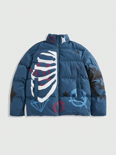 Street Life Men's Winter Skeleton Print Zipper Front Casual Padded Coat, Halloween
