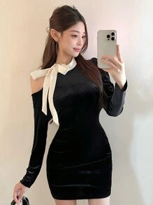 DAZY Women Bowknot Strap Bodycon Mini Dress Elegant,Fall Dress Long Sleeve Dress