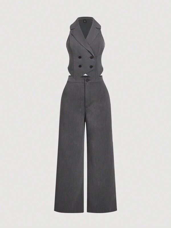 SHEIN MOD Ensemble deux pièces élégant et professionnel avec gilet col cranté et pantalon, tailles plus, convient pour le travail et l'usage quotidien