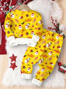 SHEIN 年轻男孩舒适休闲简约圣诞圣诞老人、雪人、长袜、姜饼人、圣诞快乐图案印花长袖圆领睡衣套装，适合秋冬季 - 彩色 - 查看 4