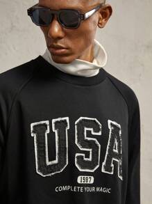 AKNOTIC Business Casual 男士字母印花拼色宽松落肩圆领休闲长袖套头衫，秋冬外出黑色刺绣字母饶舌歌手返校拼色运动衫，适合朋友、丈夫、男朋友的礼物