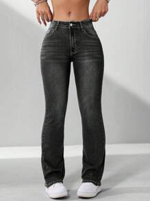 Slant Pocket Flare Leg Jeans - Black - View 4