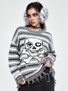 ROMWE Grunge Punk Chandail surdimensionné aux femmes avec squelette gothique mystérieux, effilé dégradé asymétrique