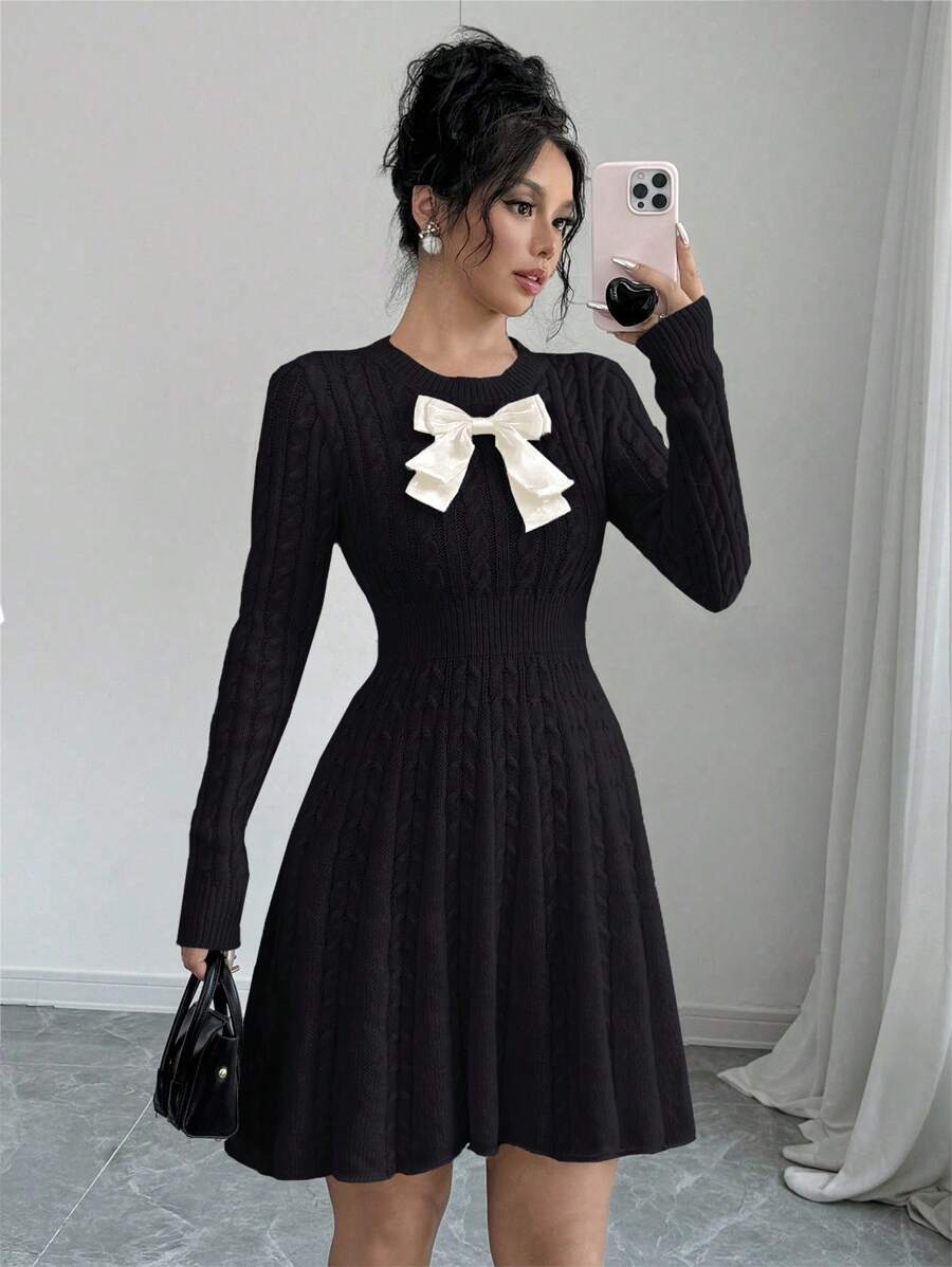 Elenzga 女士蝴蝶结装饰圆领长袖毛衣裙，秋冬