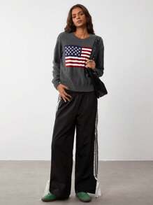 SHEIN Unity Women's Round Neck Long Sleeve Casual American Flag Pattern Sweater For Autumn/Winter Knit Pullover Fall - Dark Grey - View 4