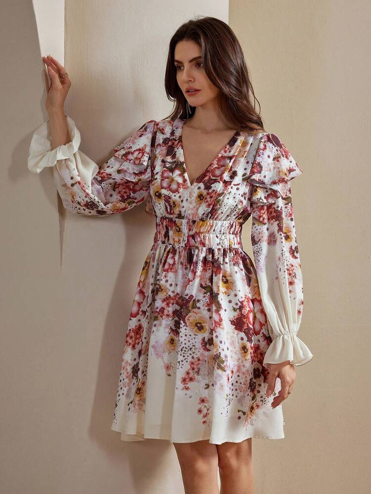 French Elegant Resort Floral Patchwork Ruffle Hem Short Dress For Women