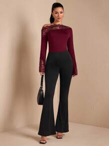 SHEIN BAE 女士秋冬纯色性感优雅不对称蕾丝撞色长喇叭袖紧身衣，适合分层搭配，温暖针织紧身衣，外向，浪漫约会，派对 - 酒紅色 - 查看 7