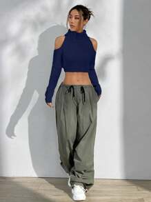 SHEIN Unity Áo len hở vai thời trang dành cho nữ, cổ cao đơn giản, phong cách tối giản, mặc hàng ngày, áo chui đầu dệt kim thu đông - Màu xanh hải quân - Xem 7