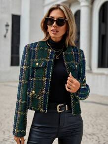 SHEIN Clasi Women's Autumn/Winter Plaid Long Sleeve Button Design Elegant Short Overcoat - Olive Green - View 1