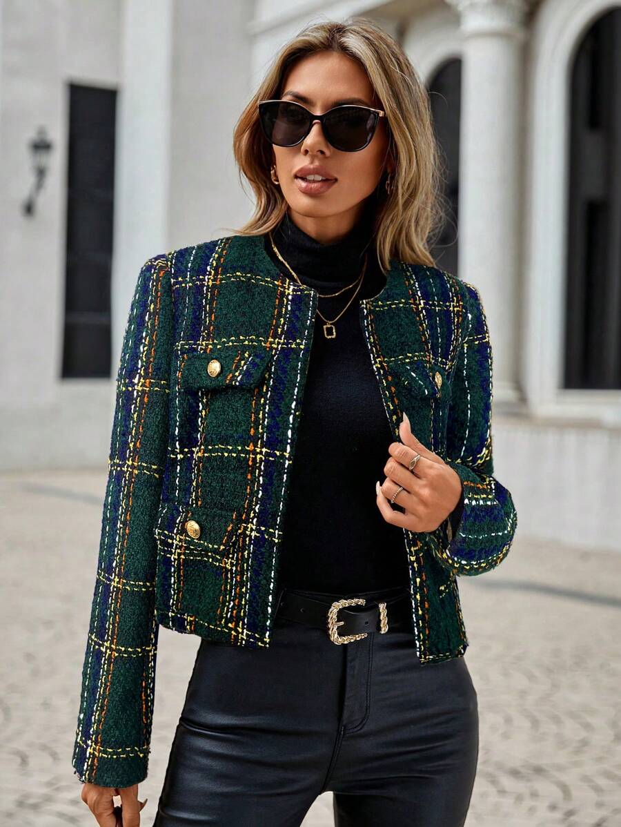 SHEIN Clasi Women's Autumn/Winter Plaid Long Sleeve Button Design Elegant Short Overcoat - Olive Green - View 1