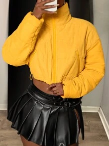 Slaydiva 2024 Holiday New Year & Valentine's Thanksgiving Outfit Casual Women All-Match Long Sleeve Padded Coat With Zipper, Solid Color Versatile Drawstring Hem Short Women Padded Coat - FF - Yellow - View 1