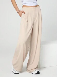 SHEIN EZwear 女式休闲简约编织阔腿裤（杏色） - 杏色 - 查看 4